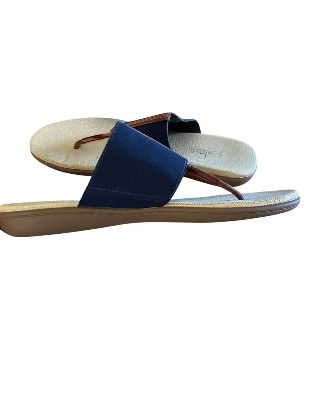 Navy Slip-On Thong Sandals w/brown leather straps and tan soles. Very comfy! 10. - Picture 3 of 4